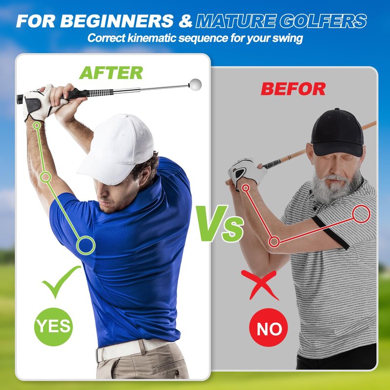 5-in-1 Retractable Golf Swing Training Aid, Indoor & Outdoor Practice Golf Swing Trainer with Arm Band Right/Left-Handed Swing Mechanics for Beginners & Tempo Training for Advanced, Click Feedback