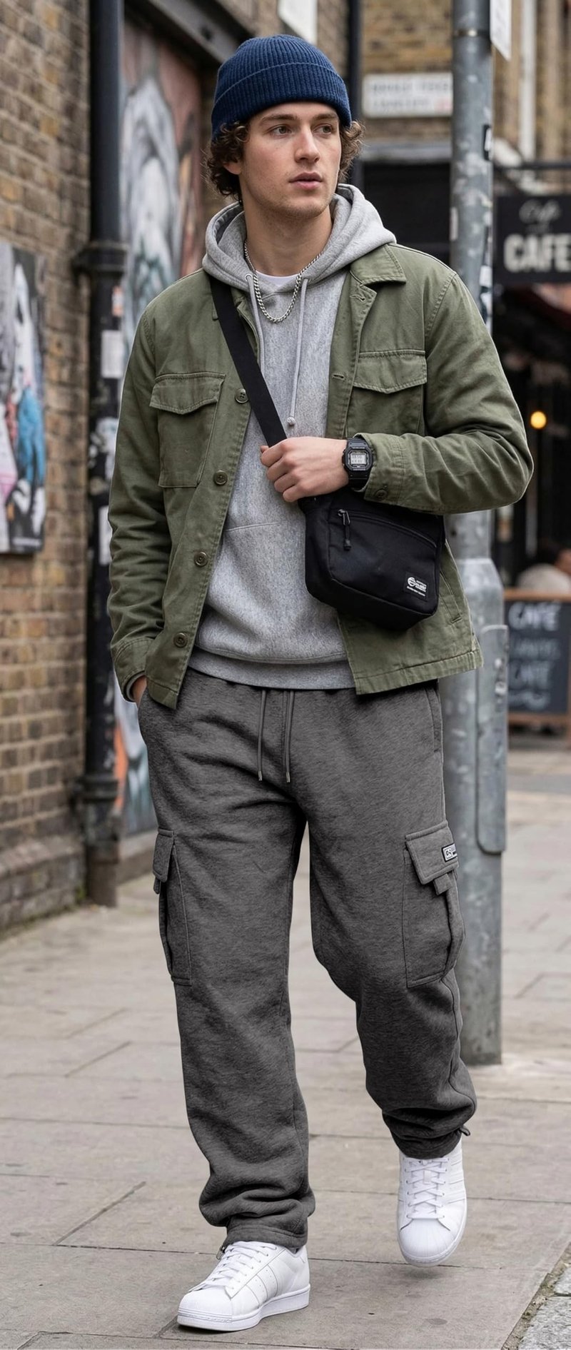 HUNGSON Mens Cargo Sweatpants Drawstring Casual Hiking Pants Joggers Athletic Trousers Cotton Loose Straight Pants for Men Dark Grey Heather