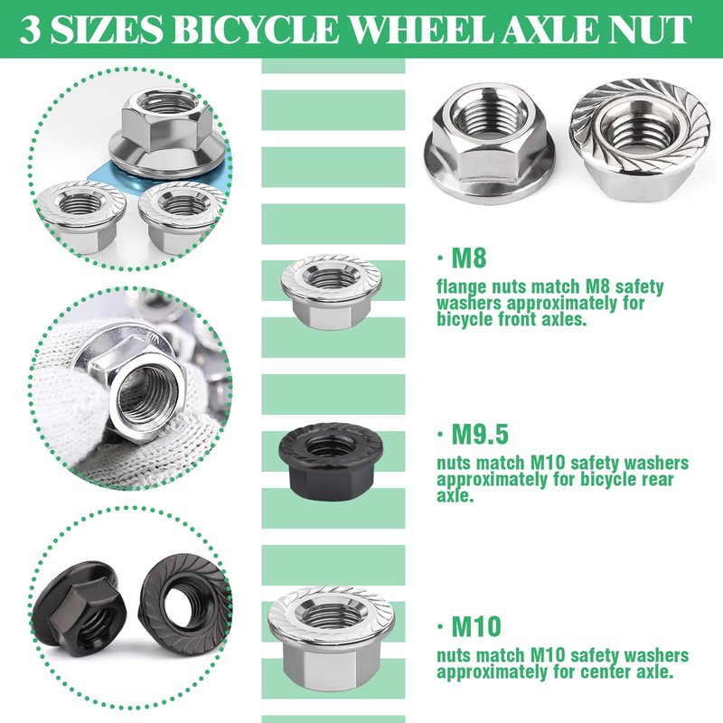 Yauhar 72Pcs 3 Size Bicycle Hub Flanged Axle Nut and Safety Washer Kit with Universal Bike Brake Cable Gear Shifter Cable Wire for Road and MTB Bike