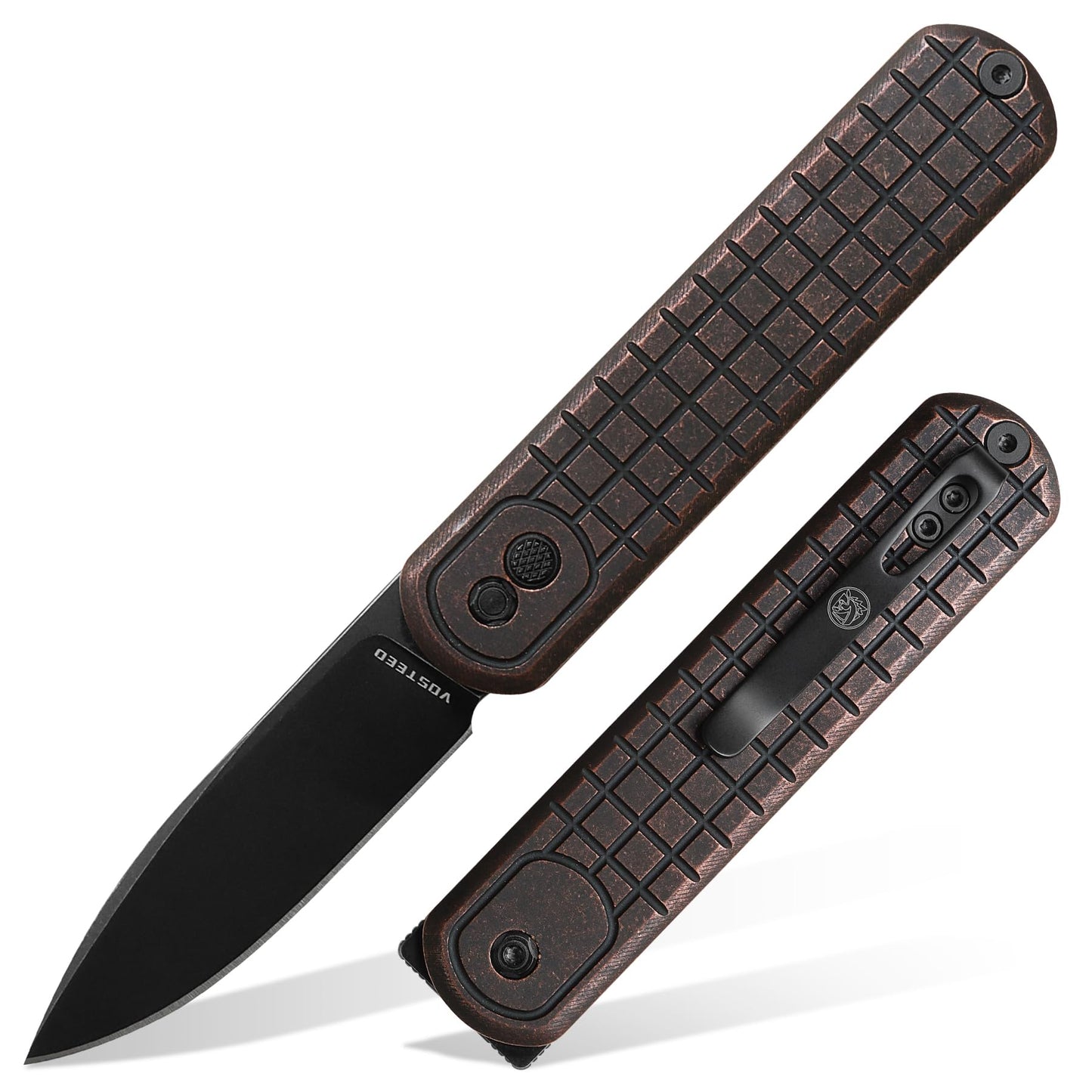 Vosteed Corgi Small EDC Pocket Knife - 2.99" Nitro-V Black Stonewash Blade - Patented Trek Lock, Copper Handle for Hiking, Camping - A0715