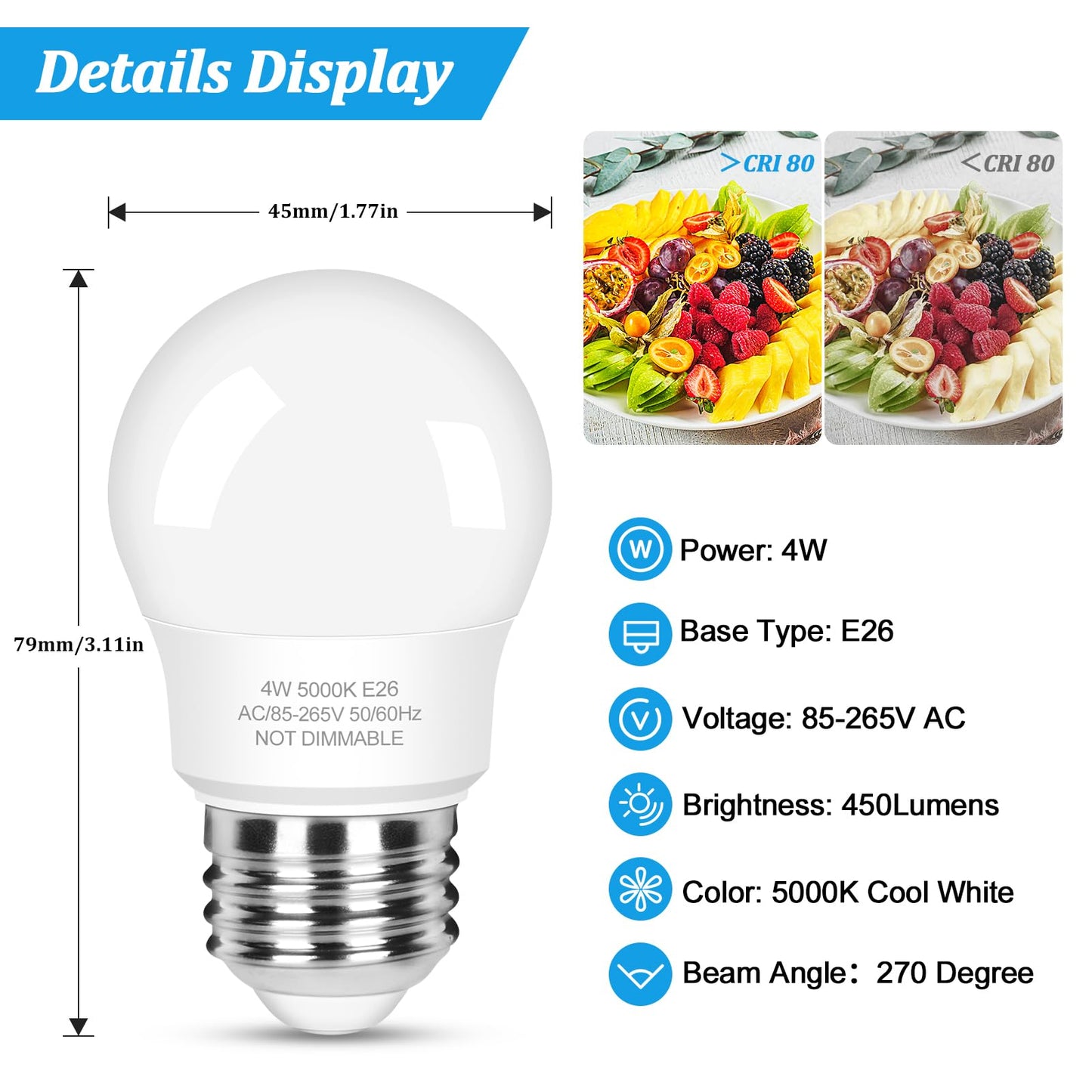 3-Pack A15 Refrigerator Light Bulb 40W Equivalent, 120V Fridge Waterproof LED Bulbs 4W Daylight White 5000K, E26 Base Freezer Home Lighting, Non-dimmable