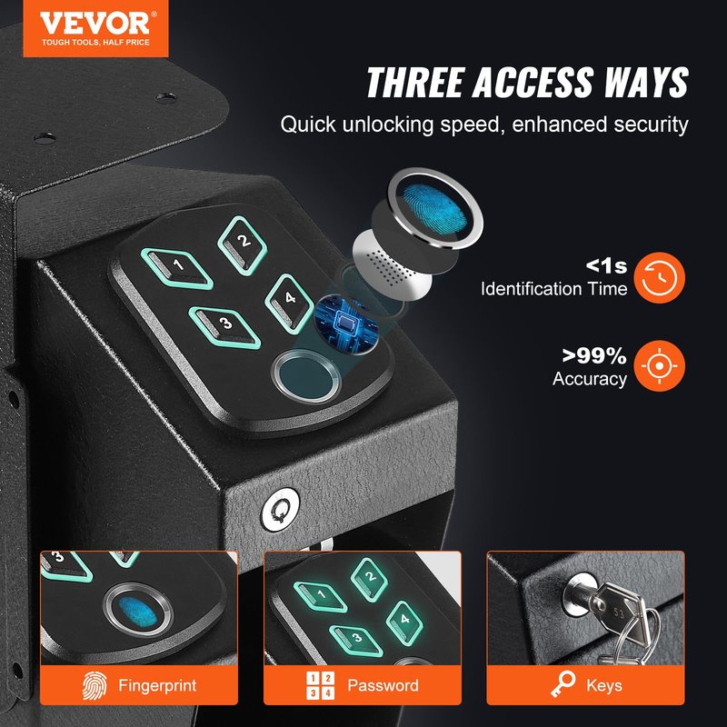 VEVOR Gun Safe for Pistols, Biometric Gun Safe with Three Quick Access Ways of Fingerprints, Passwords and Keys, Handgun Safe for 1 Pistol for Home, Bedside, Nightstand, Wall