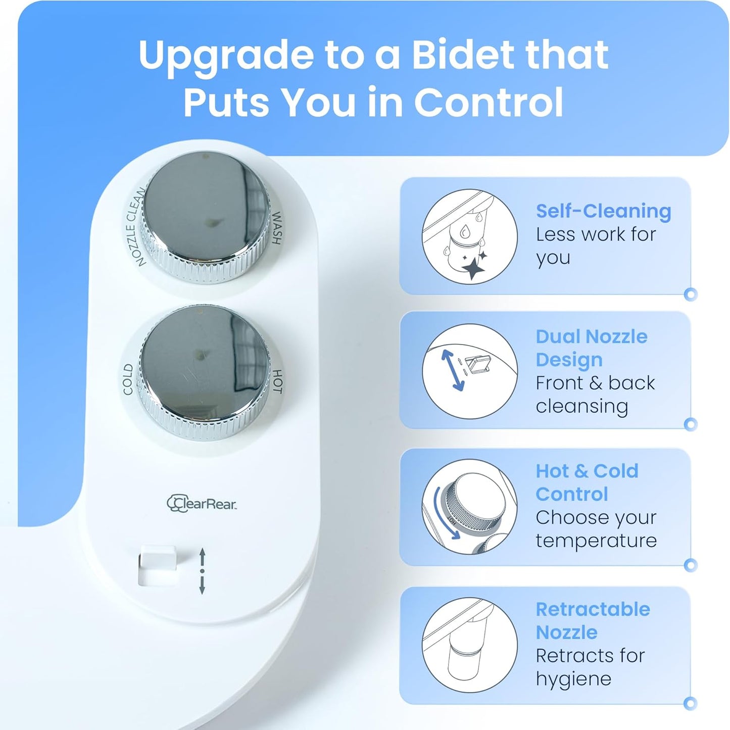 Non-Electric CLEAR REAR Bidet Attachment for Toilet - Self-Cleaning Dual Nozzle, Adjustable Pressure, White