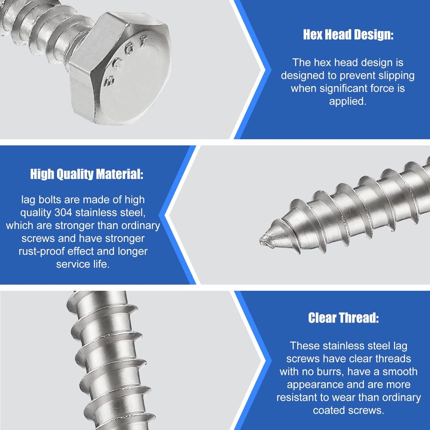 Zonon 50 Pcs 1/4" x 1" Hex Head Lag Screws 304 Stainless Steel Lag Bolts Heavy Duty Hexagon Head Wood Screws