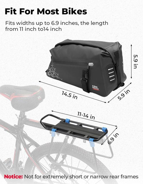 KEMIMOTO Bike Bag Full Waterproof, Bike Rear Rack Bag 16L Capacity, Bicycle Trunk with Two Shoulder Straps for Road and Mountain Cycling Travel (Black)