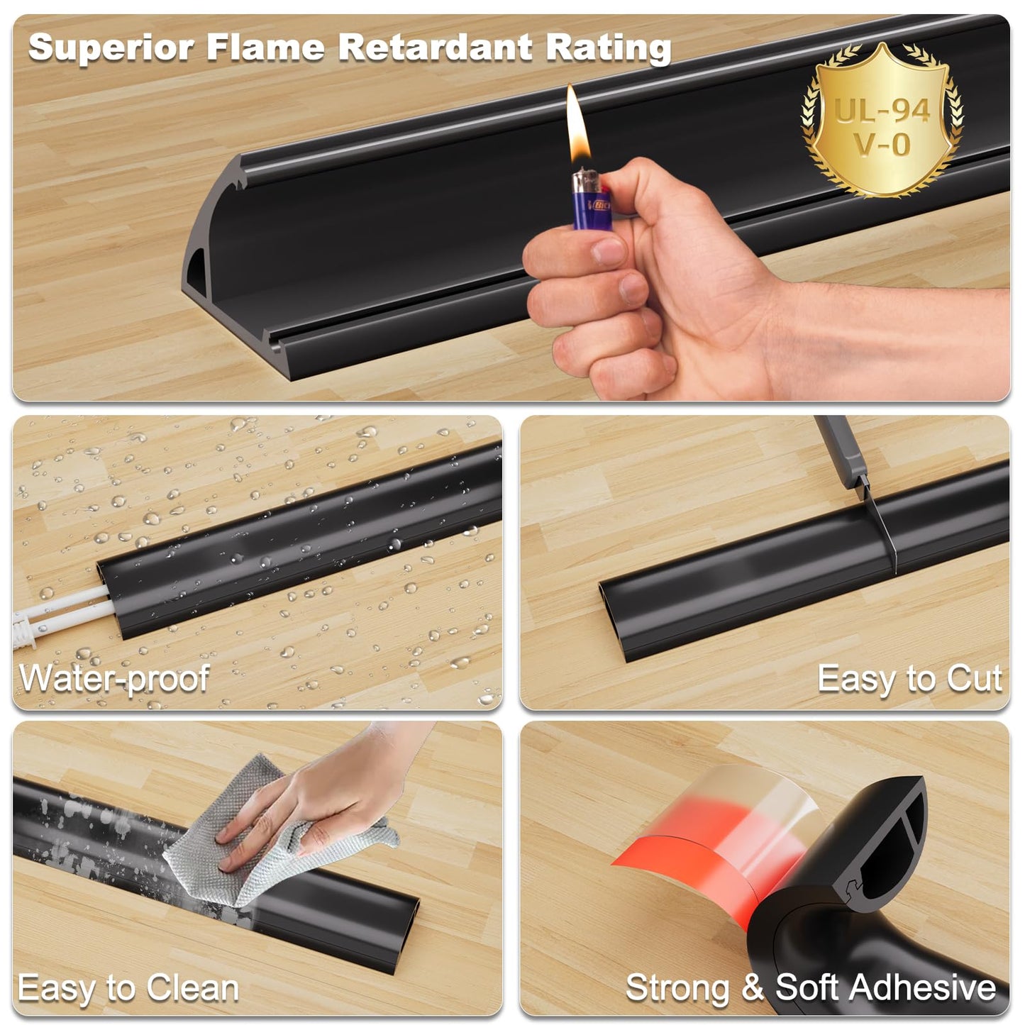 Kneelisa 4FT Side-Open Extension Cord Covers for Wires on Floor,Silicone Power Cable Protector Cord Hider Management Strip,Hide Electric Wire on Carpet,Chord Runner Protective Safety Wiremold,Black