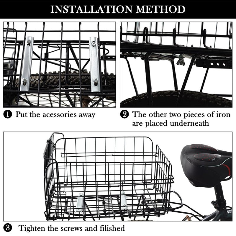 Rear Bike Basket,Bike Rack Basket,Folding Rear Bike Basket, Quickly Detachable Metal Bicycle Rack Cargo Basket with Strap & Reflective Tail Light for Most Mounted Bike Racks