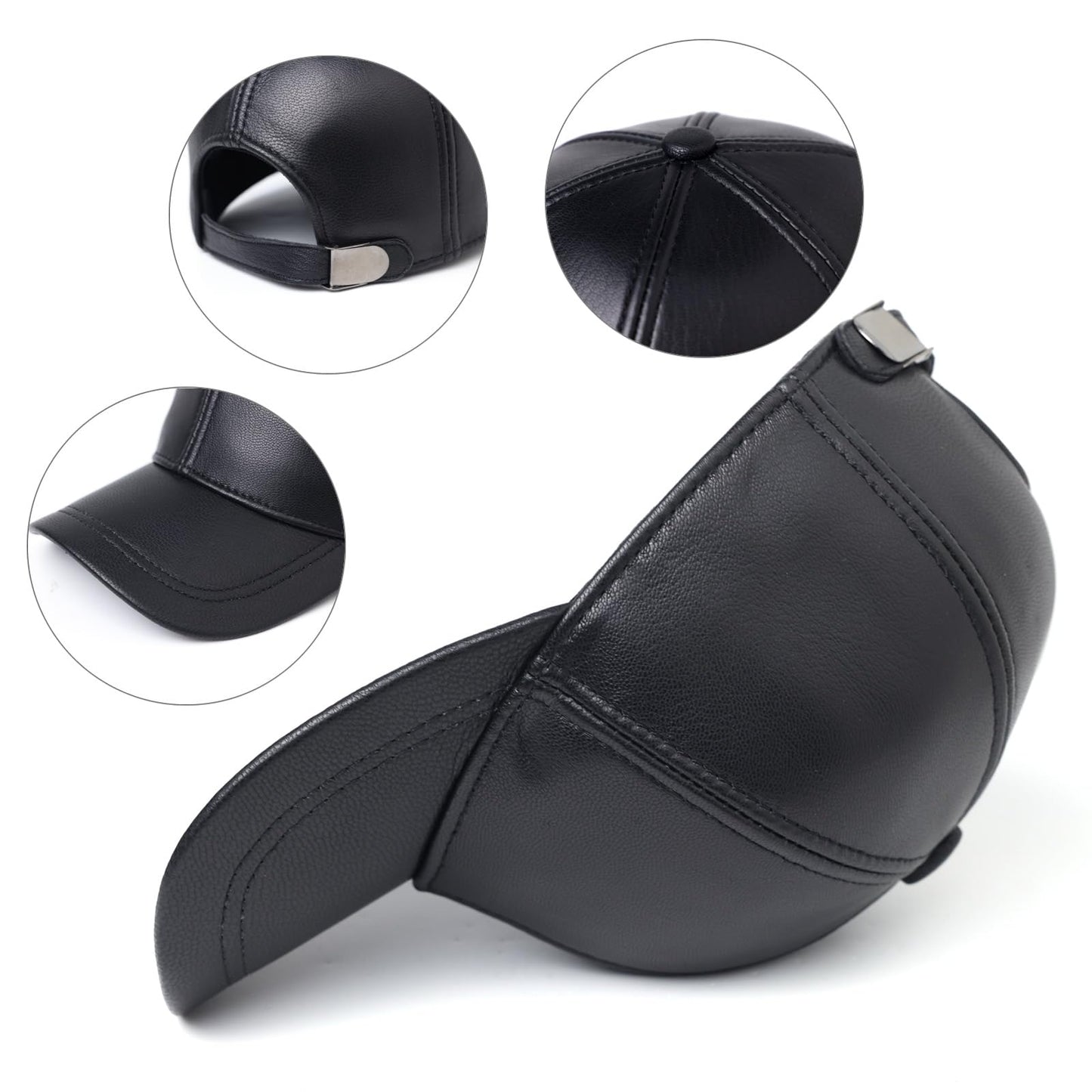 Genuine Goatskin Leather Baseball Cap – Adjustable Real Leather Hat for Men, Classic Outdoor Sports Style for Fall Winter Black
