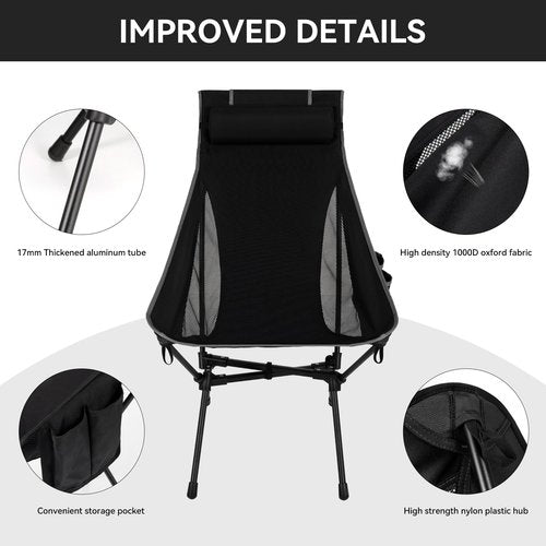 Hikero High Back Camping Chair for Adults, Folding Chair Supports 440 lbs, Lightweight Portable Backpacking Chair with Adjustable Pillow for Hiking & Camping (Black)