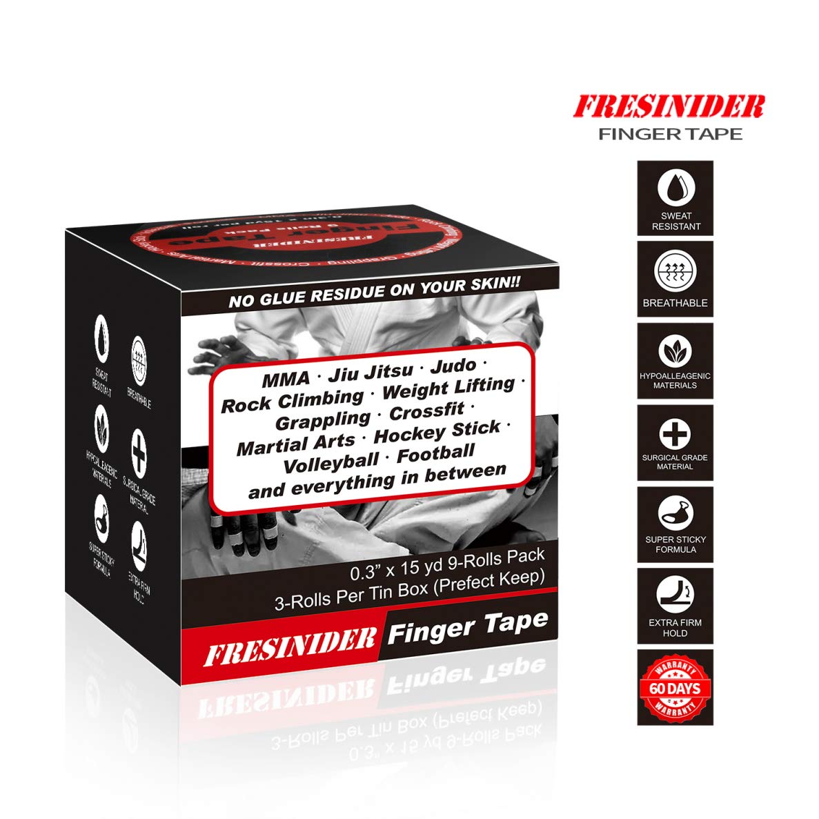 Finger Tape - Strong Athletic Tape | 0.3” x 45 Feet (9 Pack) Tin Set | No Sticky Residue | for Rock Climbing, BJJ Jiu Jitsu, Grappling, Judo, MMA, Rock Climbing and Martial Arts (Black)