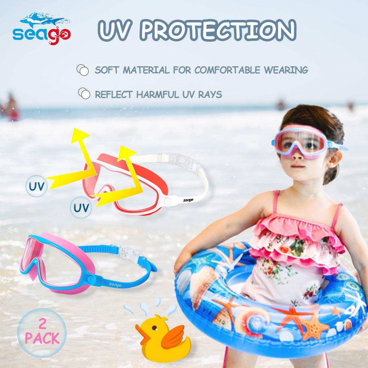 Seago Swim Goggles - Anti-Fog, Anti-UV, Wide View Design | 2 Pack for Kids Ages 3-15