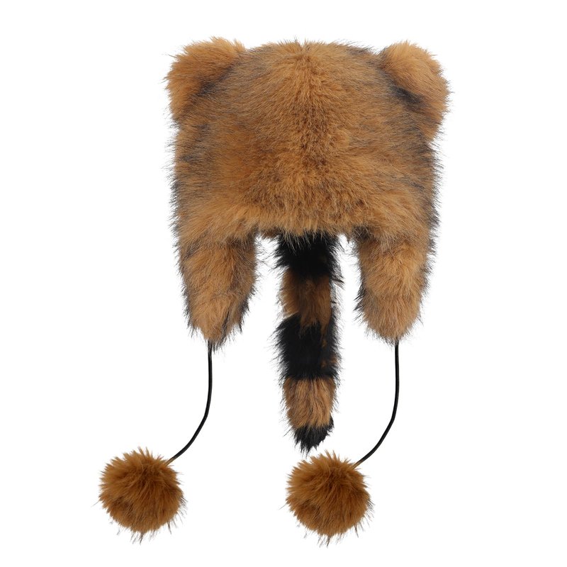 Raccoon Tail Parent-Child Plush Earflap Hat Faux Fur Animall Hat Ladies Russian Ushanka Winter Warm Cap Cute Pompoms Beanies Cap for Adult Kid Halloween Xmas Birthday