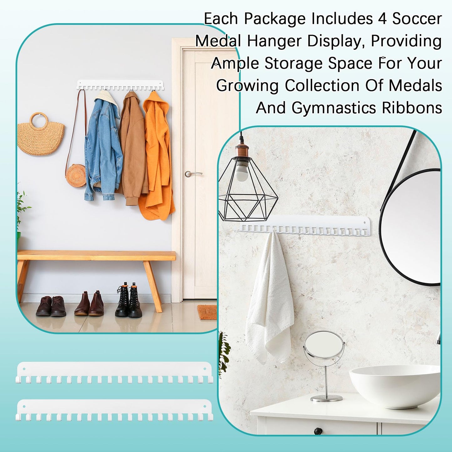 Geetery 4 4 Pack Medal Hanger Display with 20 Hooks Each, Sturdy Steel Wall Mount Medal Holder Rack Holds 60+ Awards for Gymnastics Marathon Sport Runner Soccer Wrestle Swim, Easy to Install (White)