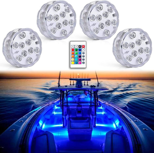 Seaponer Wireless Battery Operated Boat Lights - Waterproof LED Deck & Interior Lighting | RGB Multi-Color Remote Control, 4-Pack