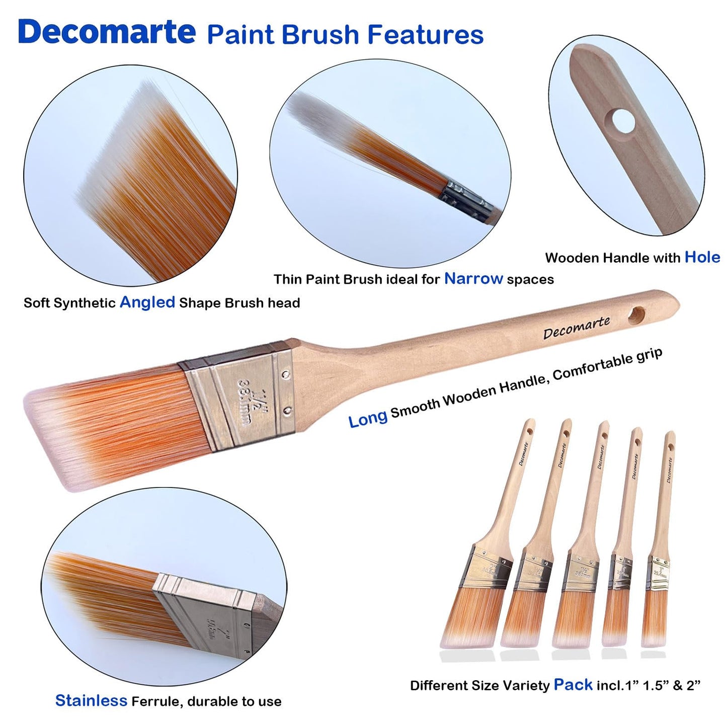 Decomarte Thin Soft Bristle Long-Handled Wood Angled Sash Stain Brush for Painting Doors, Furniture, Wall Trim, House Touch Ups, Enamel Home Decorating Lacquer Paint Brush Pack Assorted