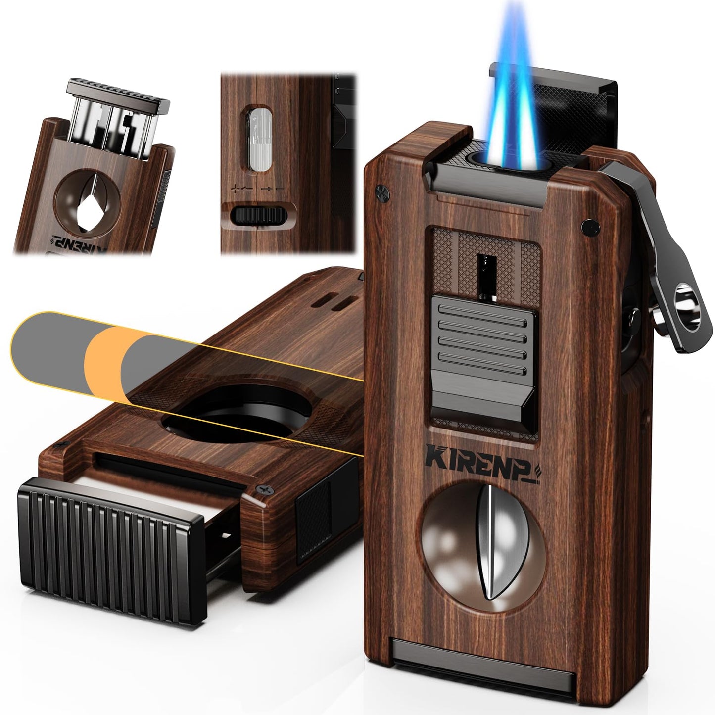 5-in-1 Multi-Torch Lighter with Dual Jet Flames, Auto-Pop Straight & V-Shape Shear, Punch, Holder, with Gift Box for Men, Refillable Butane Cool Lighters for Candle, Camping, Travel