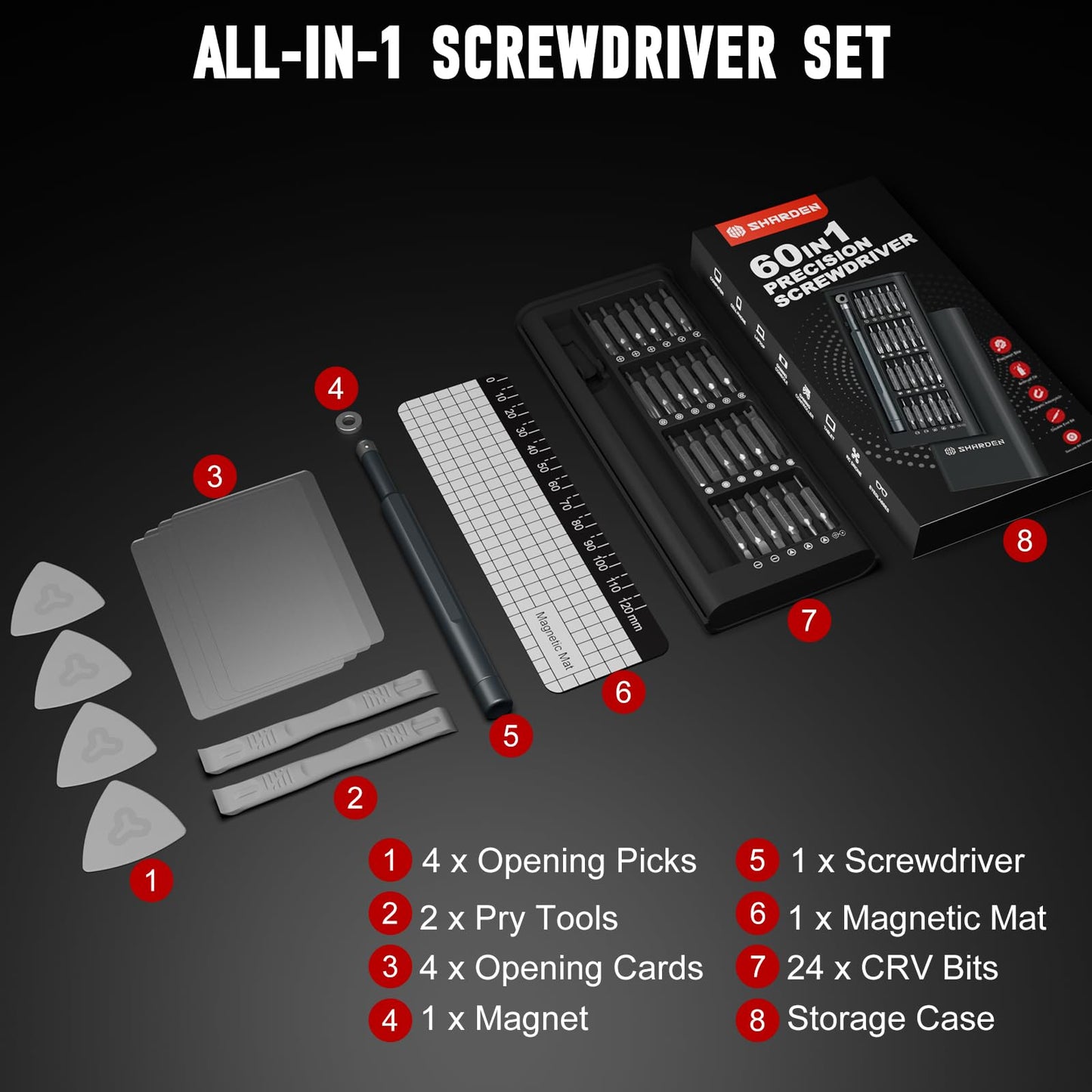 SHARDEN Precision Screwdriver Set, 60 in 1 Screw Driver Set Kit with Torx, Phillips, Flathead, Mini Repair Tools Kit for Laptop, Phone, MacBook, Computer, Electronics, Glasses, Watch