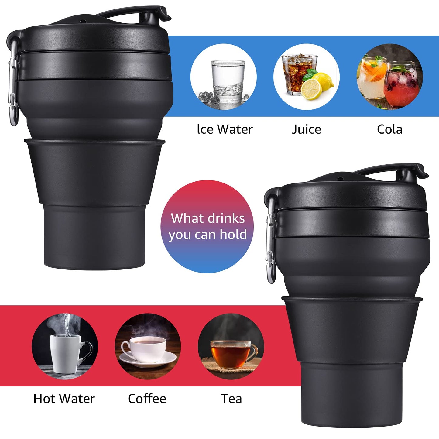 EASYXQ Collapsible Coffee Cup, 16 OZ 480ml Large Silicone Folding Camping Mug, Leak Proof BPA Free Portable, Travel Bottle with Lids for hiking, Microwave & Dishwasher Safe (Black)