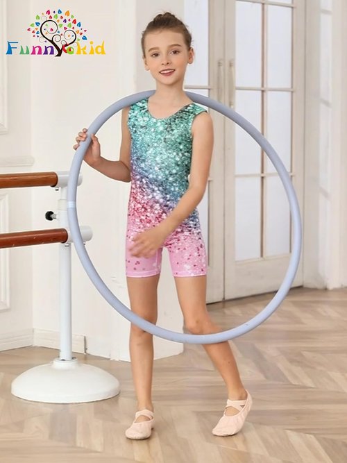 Funnycokid Girls Gymnastics Leotards - Sparkle Dance Unitards with Shorts | Mermaid Design, Sizes 2-10