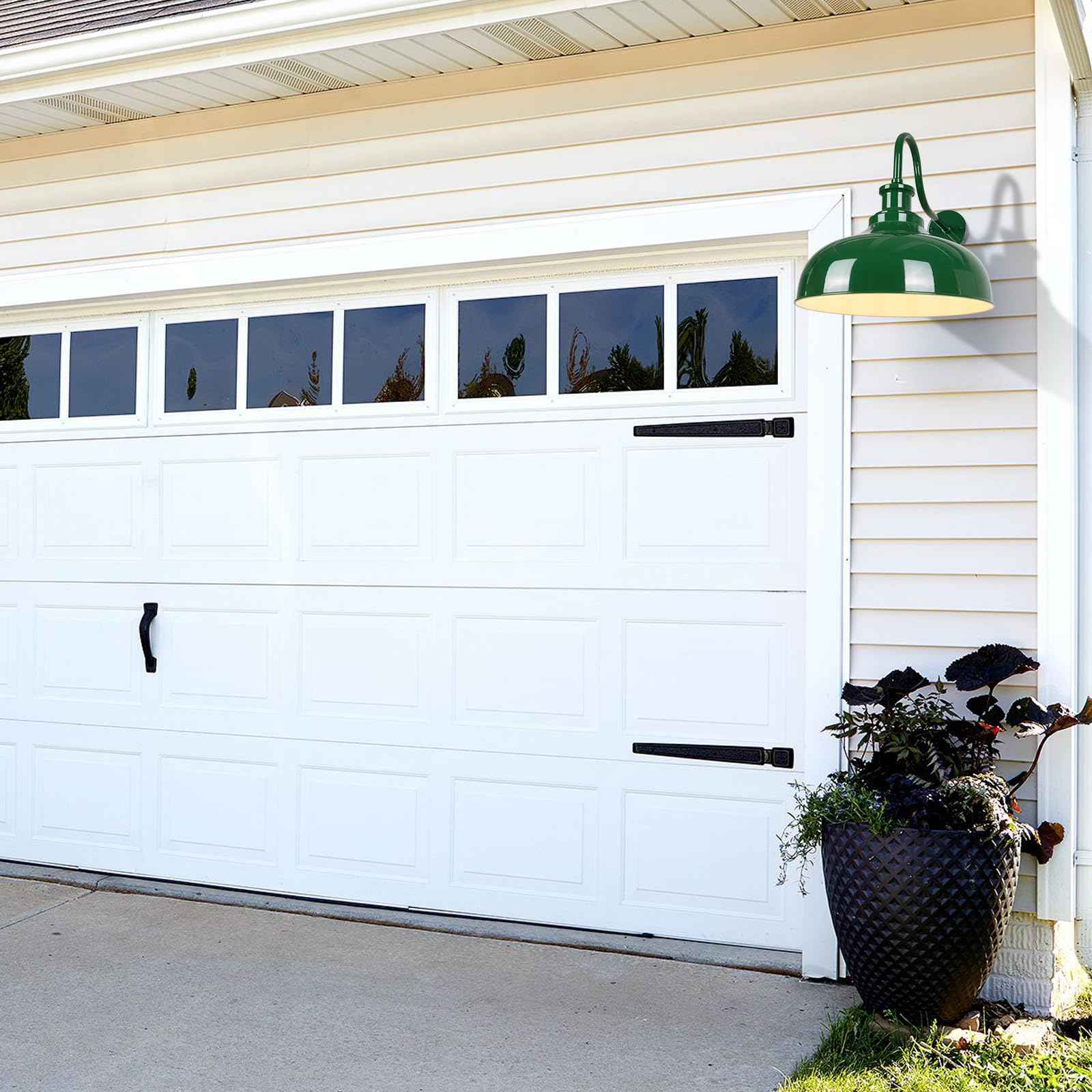 Diyel Outdoor Gooseneck Barn Light, 14 Inch Dome Rustic Outdoor Wall Sconce, Farmhouse Exterior Wall Mount Lighting Fixture, Industrial Green Wall Lantern for Porch, Entryway, Garage, RZ007M GR+WH