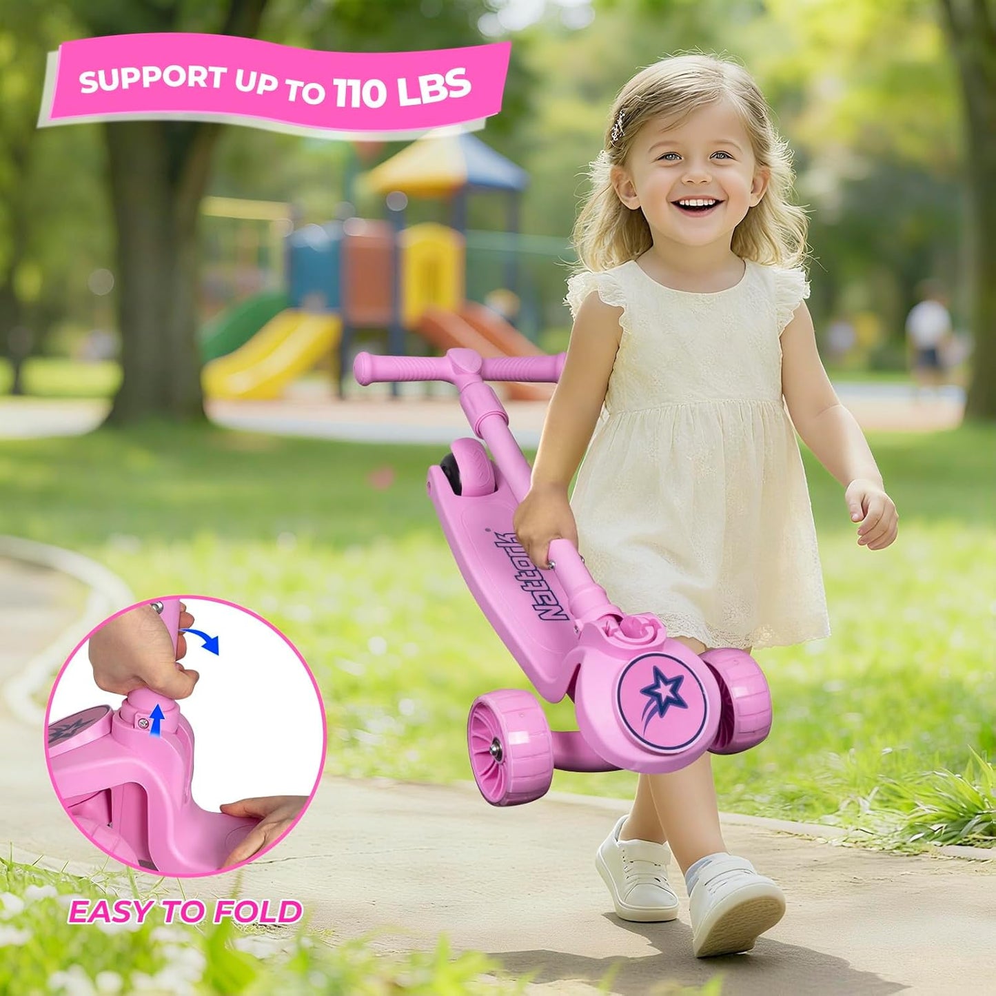 Nattork Kids Scooter - Light Up Wheels & Adjustable Height - Safe 3-Wheel Design for Ages 3-8, Supports Up to 110 LBS