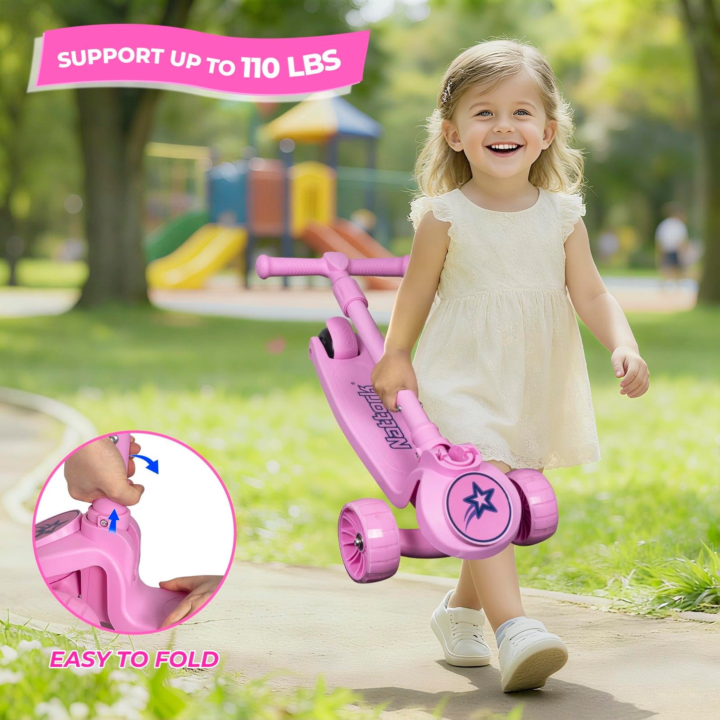 Nattork Kids Scooter for Girls Boys with Light Up Wheels, 3 Adjustable Height Handlebars, Lean-to-Steer Technology, Widen Anti-Slip Deck, 3 Wheel Scooter for kid ages 3-8, Support Riders Up to 110 LBS