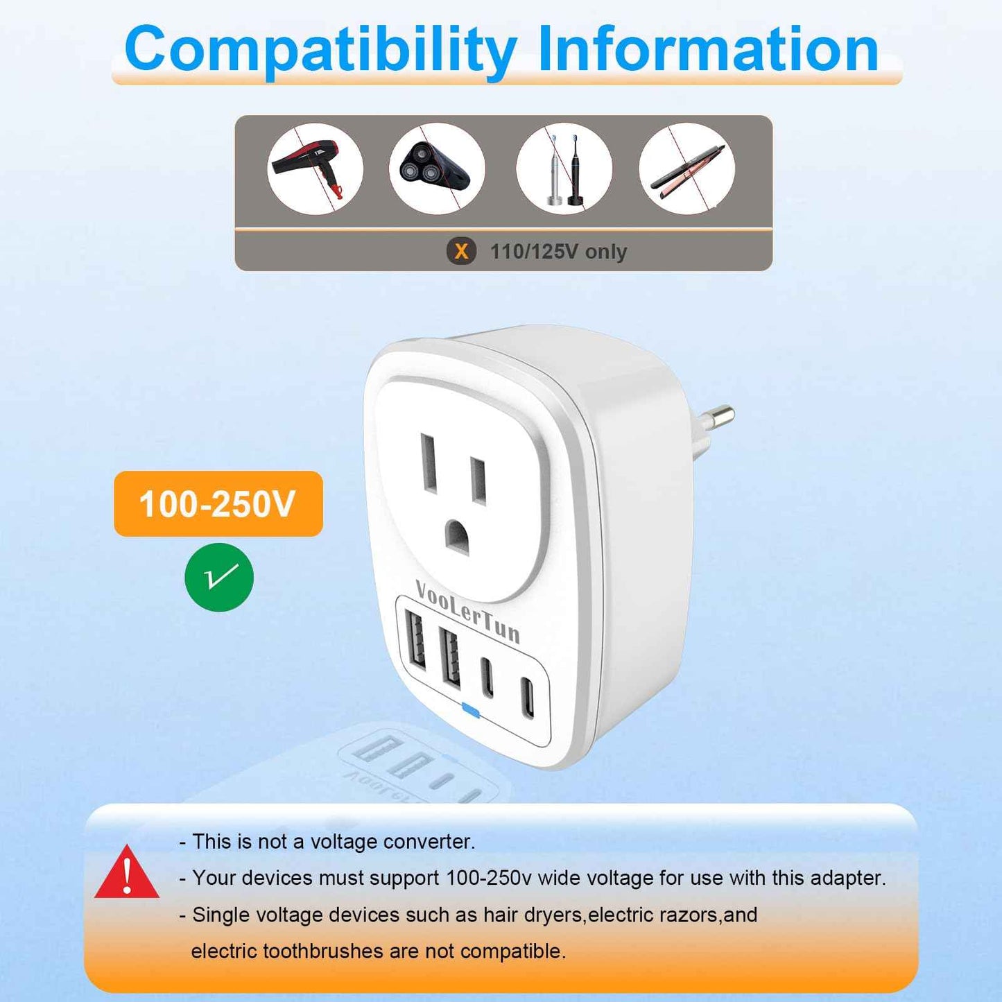 2 Packs Type C Plug Adapter, VooLerTun Denmark Germany Frence Travel Adapter with 4 USB Charger Ports (2 USB C) Power Adapter, 1 American Outlet Adapter. US Converter for EU European Travel