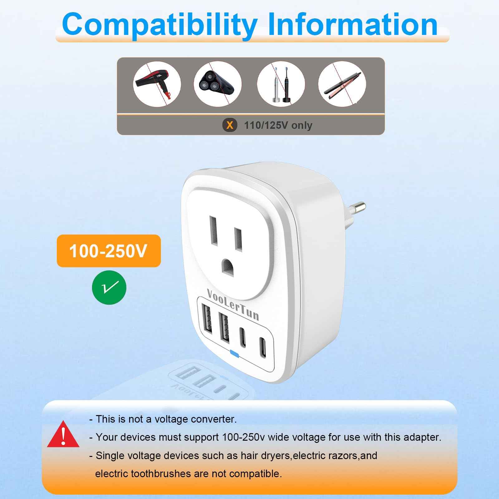 2 Packs Type C Plug Adapter, VooLerTun Denmark Germany Frence Travel Adapter with 4 USB Charger Ports (2 USB C) Power Adapter, 1 American Outlet Adapter. US Converter for EU European Travel