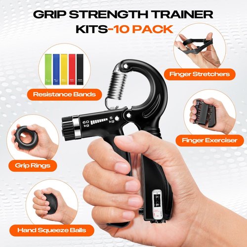 Grip Strength Trainer Kit - Adjustable Hand Gripper & Forearm Strengthener | 10-Pack with Finger Stretcher, Stress Ball & Bands for Muscle Recovery