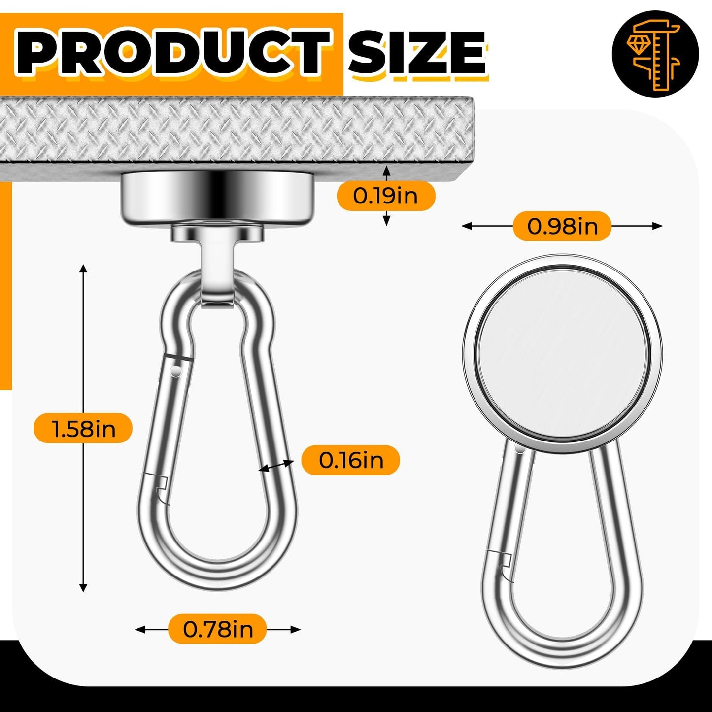 VNDUEEY Strong Magnetic Hooks, 6 Pack 70Lbs Neodymium Grade-52 Magnet Hooks Heavy Duty, Magnets with Swivel Carabiner Hook for Hanging, Cruise, Garage, Refrigerator, Kitchen, Office, Home