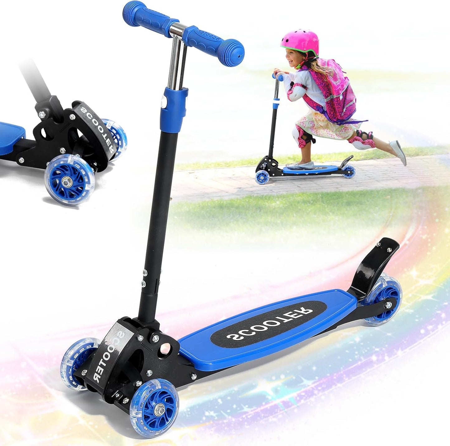 Skiennix Kick Scooter for Kids | Light-Up Three-Wheel Design, Adjustable Height, Foldable, Ages 3-7, Up to 120 Lbs