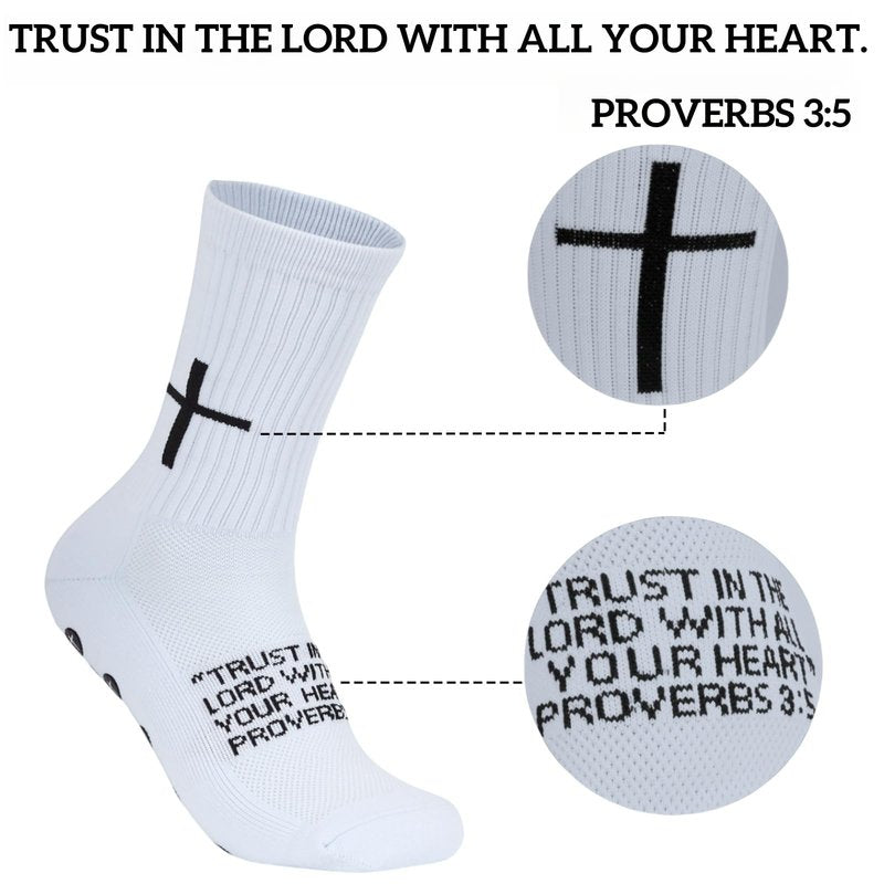 Meudid 3 Pairs Cross Grip Soccer Socks for US 6-13 - Anti-Slip Christian Socks with Bible Verse, Jesus Sports Sock for Football Training White