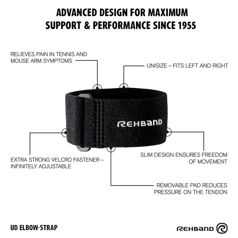Rehband Tennis Elbow Brace - Single Unit, Universal Size for Both Men and Women, Providing Support for Tennis Elbow and Golf Elbow, Colour:Black, Size:One Size
