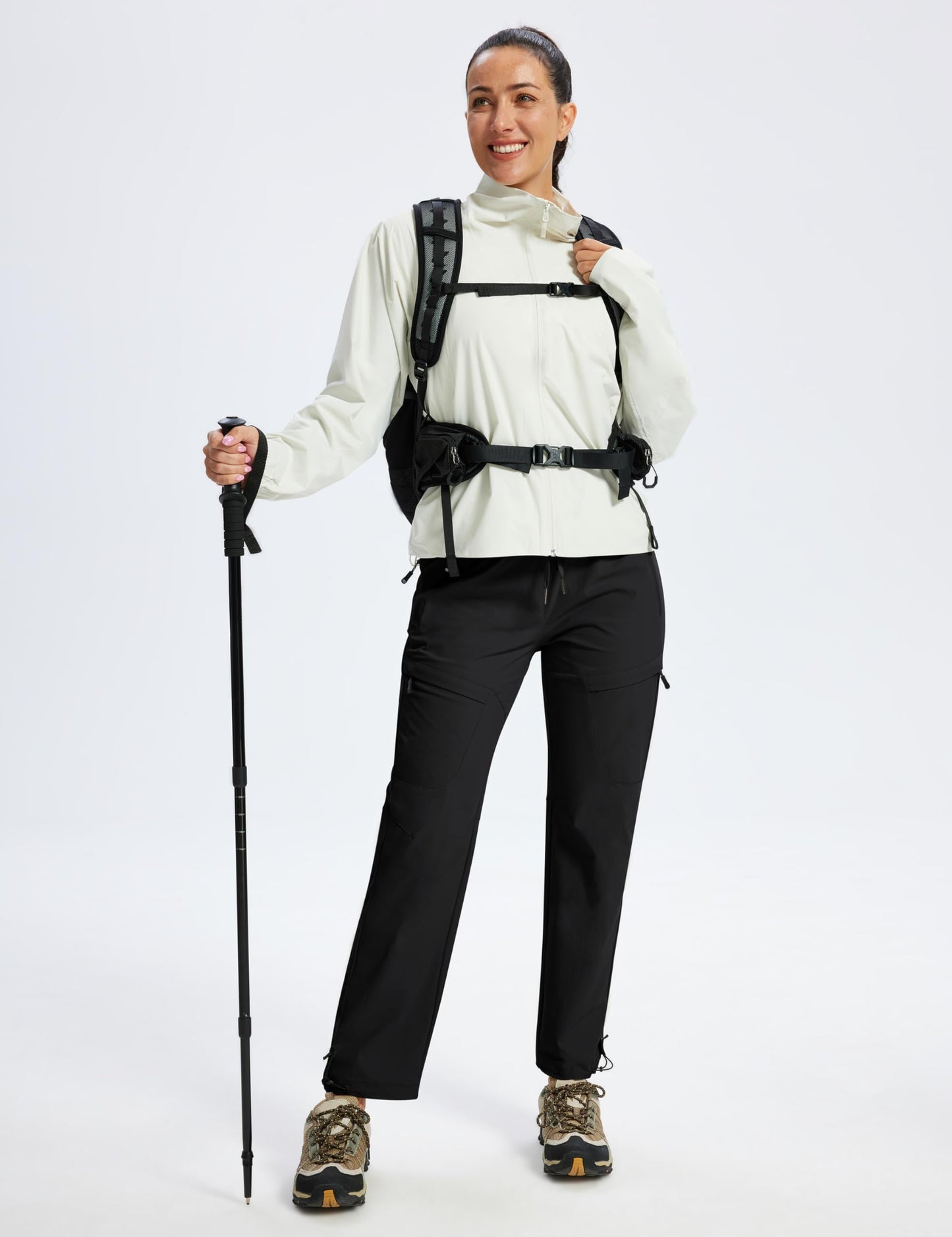 MoFiz Hiking Cargo Pants Womens Waterproof Lightweight Quick Dry Cargo Hiking Joggers Travel Outdoor Work Trip Stretchy with Zipper Pockets Black L