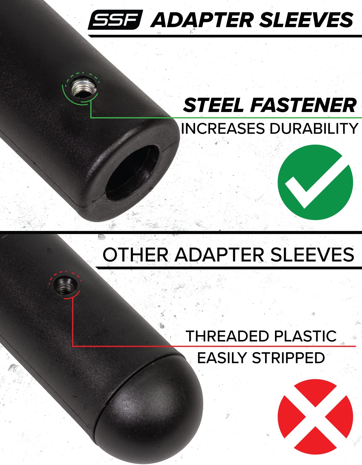 Serious Steel Fitness Olympic Adapter Sleeve 8" - Convert 1" bars or posts to 2" Olympic bars or posts. Includes removeable end cap for longer posts. (Single)