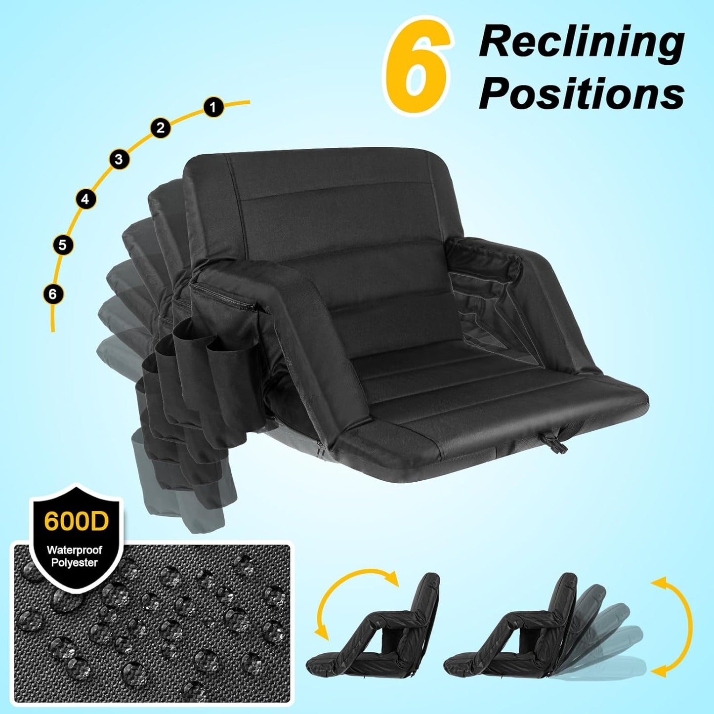 Yeyeeyyee Stadium Seats - Wide Bleacher Chairs with Back Support & Cushion | 22.5" Waterproof Black