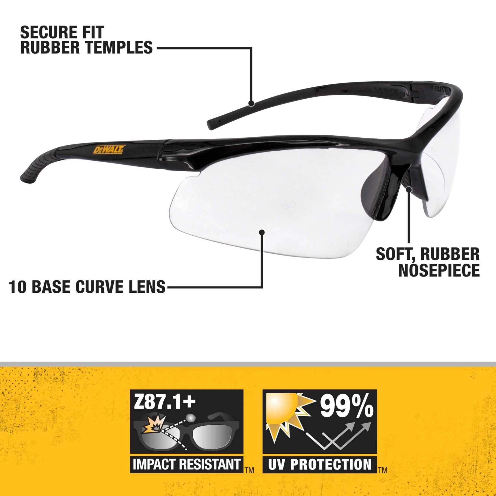 DEWALT DPG51 Radius Unisex Half Frame Protective Eyewear, Black Frame Clear Lens - 4 Pack