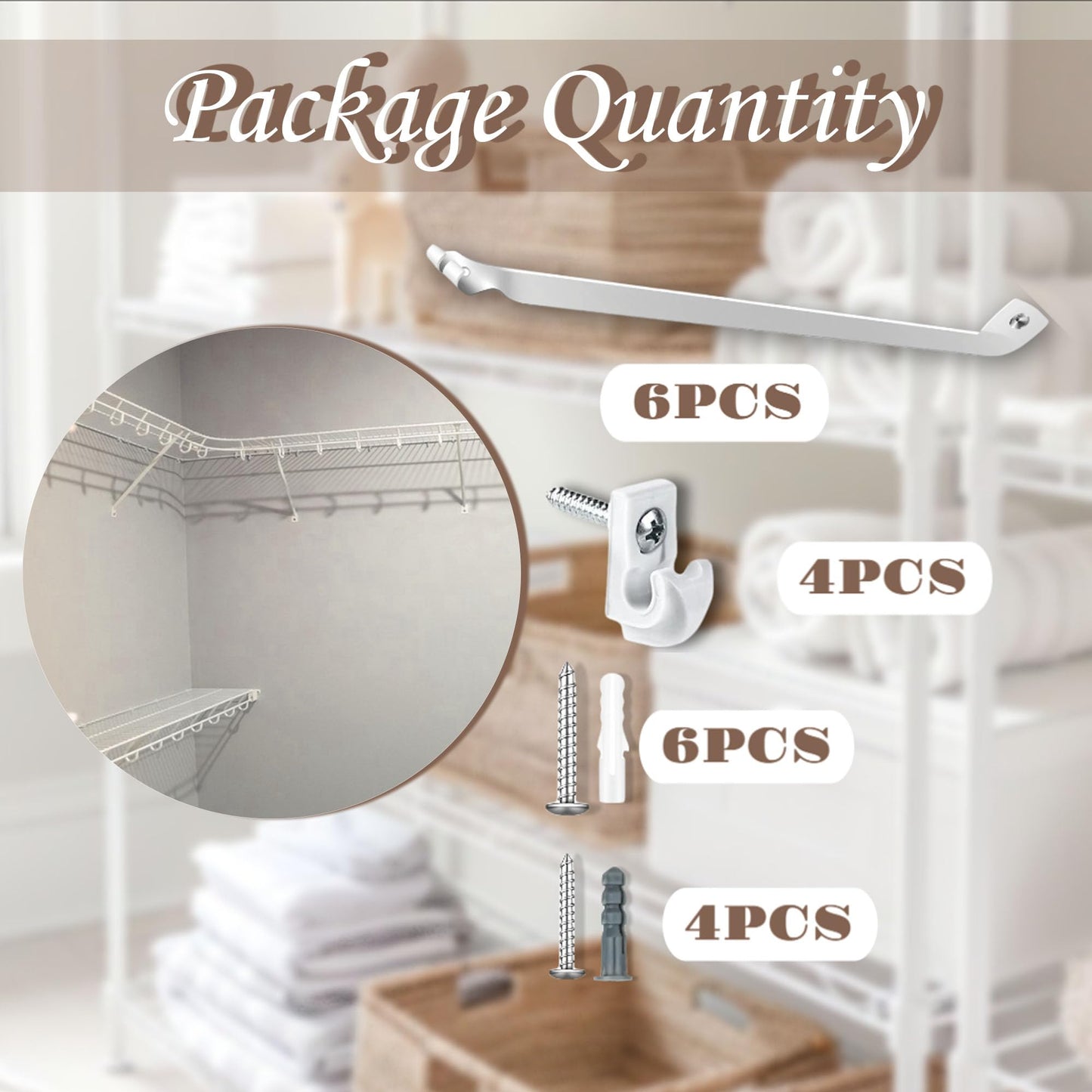 Ojeemii 6PCS 12 Inch Wire Shelf Brackets, Heavy Duty Wire Shelving Support Brackets, Closet Rack Support with 4 PCS Wire Shelf Clips, Closet Wire Shelf Support Brackets for Laundry, Closet, Garage