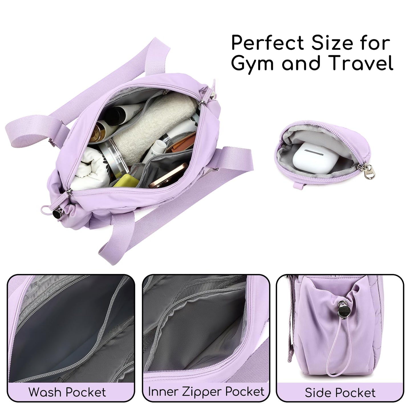 CAMTOP Mini Gym Bag for Women, Small Gym Tote Bag Puffy Quilted Sports Duffel Bag with Wet Compartment and Coin Purse Duffel Bags Dance Yoga Workout Bag for Gifts (Fashional Purple, Mini-12.6")
