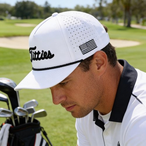 Curves & Clubs Titties Golf Hat - Funny Golf Hat, Titties Hat - Funny American Hat - Men's Gifts (Cotton, White-Black) (White)