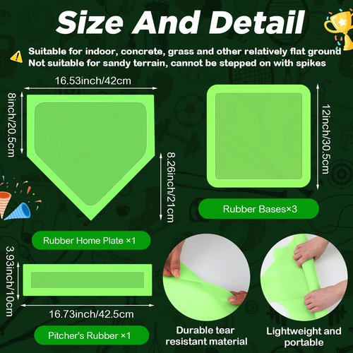 Hiboom 5 Pcs Baseball & Softball Base Set with Portable Carrying Bag 3 Toss Down Bases 1 Homeplate 1 Pitching Rubber for Kickball Softball Backyard Playground Practice Adults(Fluorescent Green,Solid)