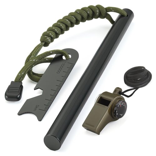 Daco Min 6" x 1/2" Drilled Ferro Rod Fire Starter Kit - Large Ferrocerium Flint and Steel, Multitool Striker & 3-in-1 Survival Whistle (with Compass, Thermometer)-Emergency Gear for Camping, Bushcraft