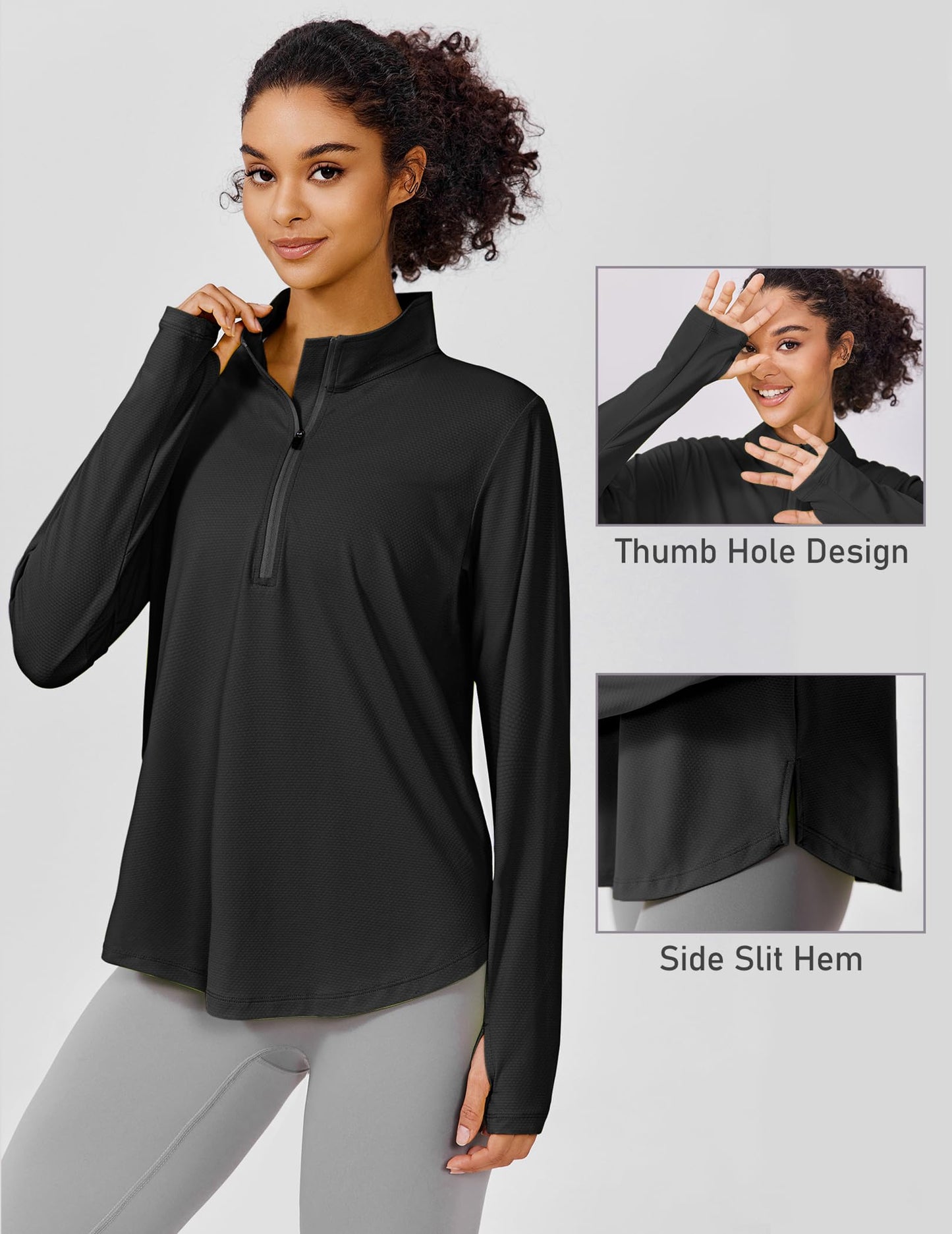 PINSPARK Womens UPF 50+ Sun Shirts Quick Dry Quarter Zip Pullover Long Sleeve Workout Running Golf Beach Tops Loose Fit,Black L