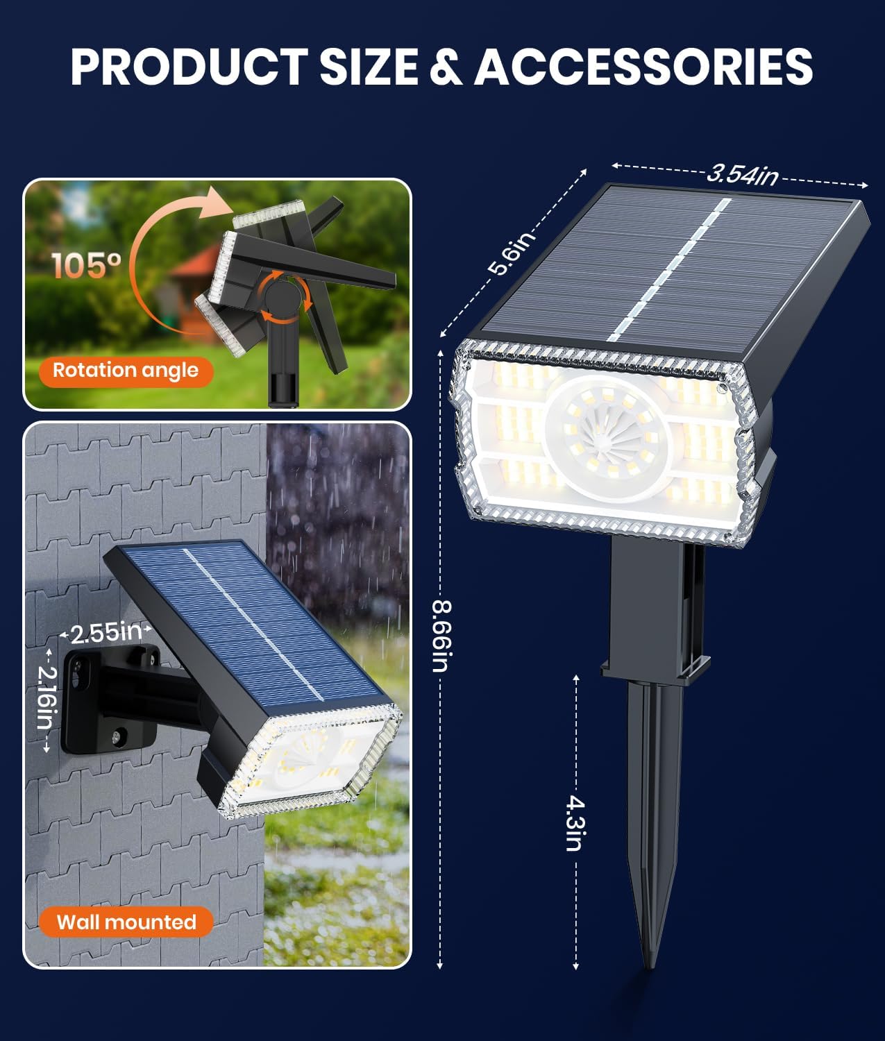 Adjustable Solar Spot Lights Outdoor - 3 Color Modes, IP67 Waterproof, 2-in-1 Wall & Pathway Lighting for Garden, Yard, Patio & Landscape