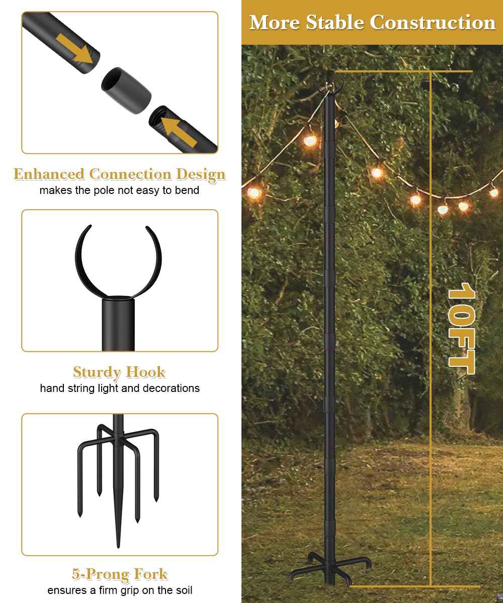 Tigerden 10Ft String Light Poles for Grass & Soil, Outdoor Light Stand with 5-Prong Fork Base, Heavy-Duty Metal Poles for Backyard, Garden & Patio Party Lighting, Rustproof & Adjustable