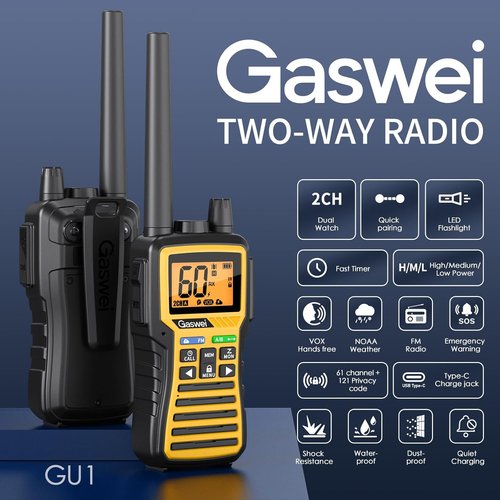 Gaswei GU1 Long Range Walkie Talkies - 60 Channels, NOAA Weather Alert, FM Radio | Yellow