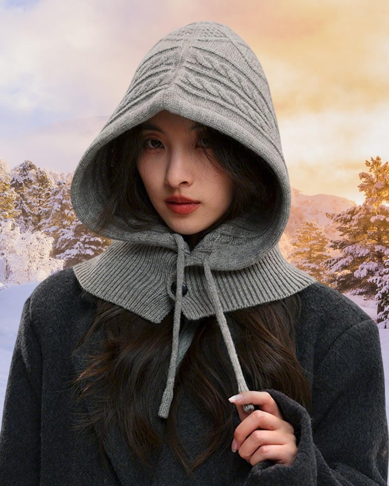 Peicees Knitted Balaclava Drawstring Hooded Scarf Hat Womens Beanie Skull Cap Winter Neck Gaiters Fashion Deep Grey