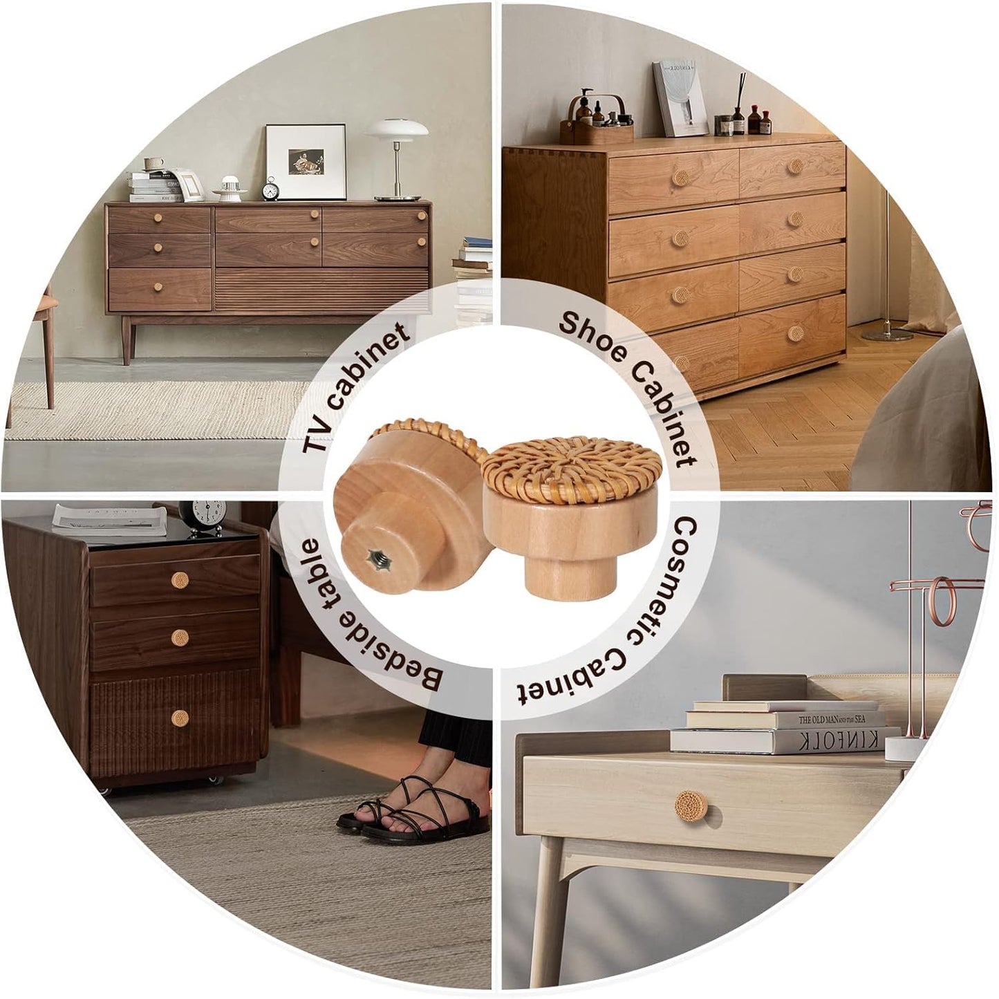 Wcatea 6 Pack Boho Dresser Knobs and Screws Diameter 1.6in Made of a Combination Durable Beech Wood and Hand Woven Rattan Pieces