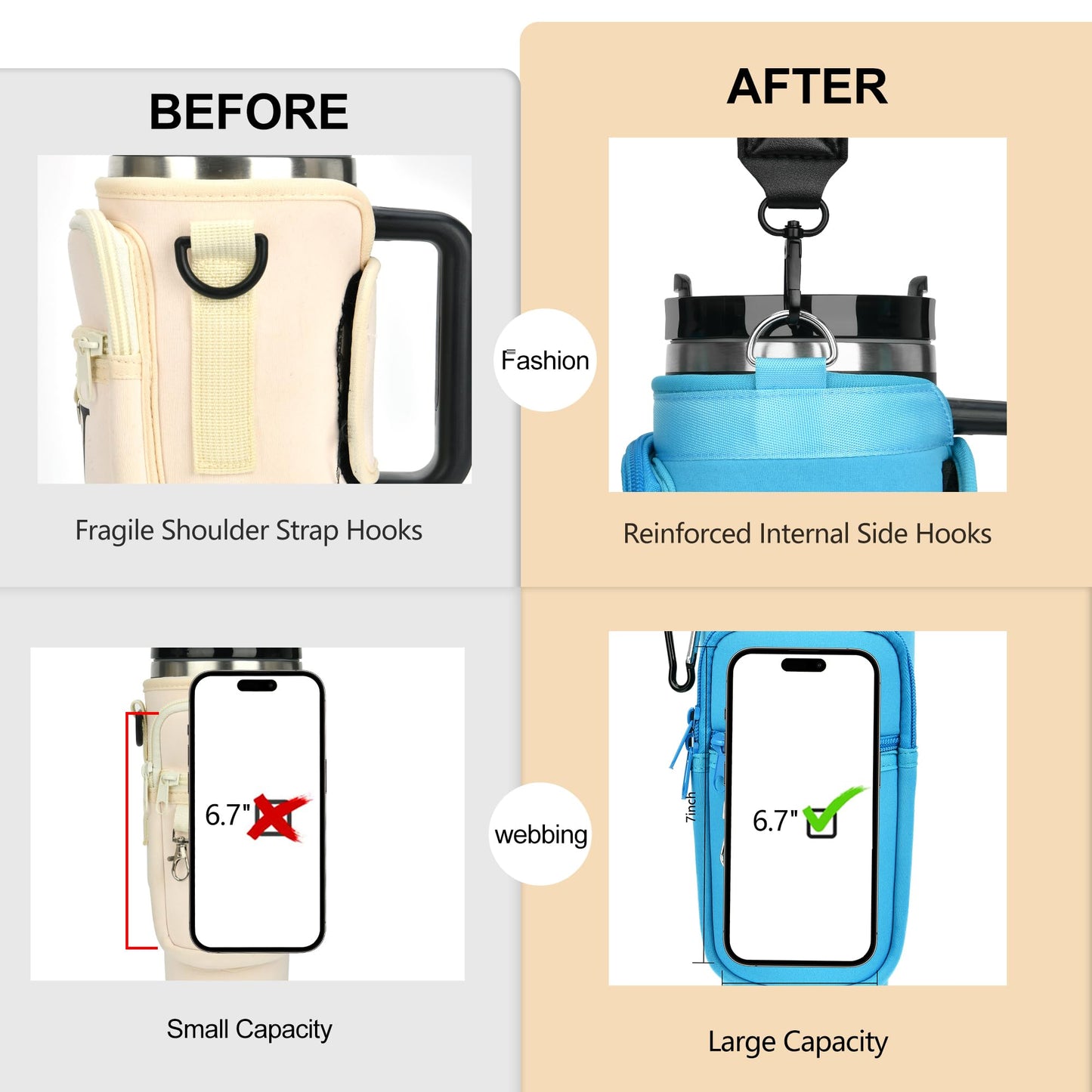 LOKASS Personalized Water Bottle Holder with Strap for Stanley Cup Accessories 40 oz, Initial for Stanley Cup Holder Carrier Bag with Phone Pocket, Hands-Free Tumbler Carrier for Travel Gym Walkin