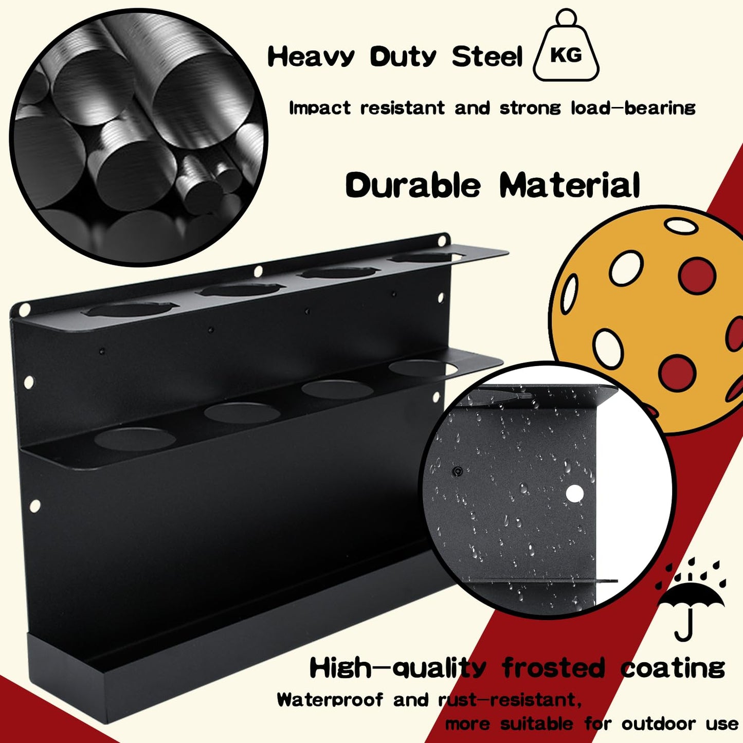TOPOWN Pickleball Paddle & Ball Rack - Heavy-Duty Steel, Holds 4 Paddles & 4 Balls, Fence & Wall Mount